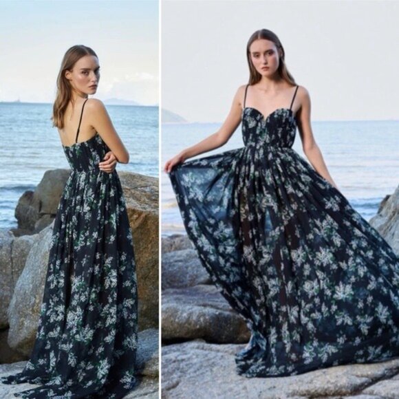Sau Lee Georgina Gown 14 Floral Black Maxi Chiffon Pleated Aline Bodice - Picture 1 of 11